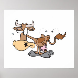 Poster vache brune mignonne et stupide entachée de mouche