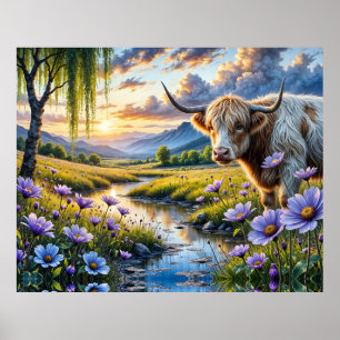 Poster Vache croisée Highland/Longhorn dans un paysage fl