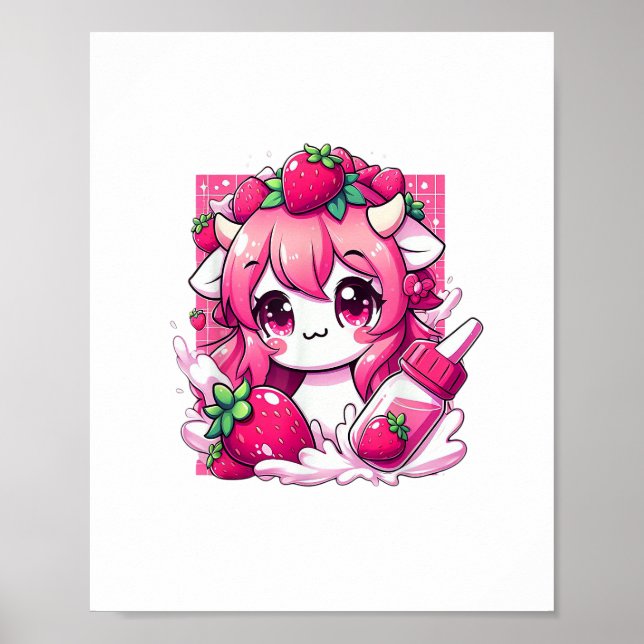 Poster Vache de fraise Kawaii Anime Lait de fraise _1 (Devant)