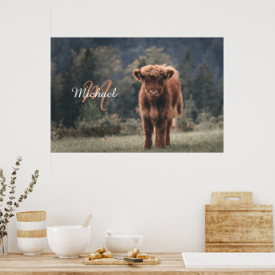 Poster Vache de Highland calvaire herbe d'automne monogra