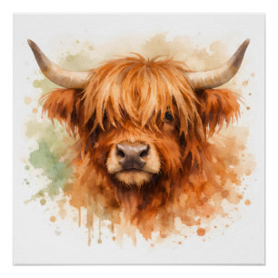 Poster Vache des Highlands - Animaux à l'aquarelle