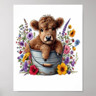 Poster Vache des Highlands dans un seau de fleurs Png, Mi