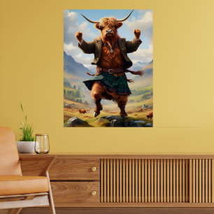 Poster Vache des Highlands dansant le Highland Fling,