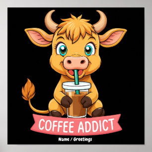 Poster Vache des Highlands Mignonne Buvant du Café Blague
