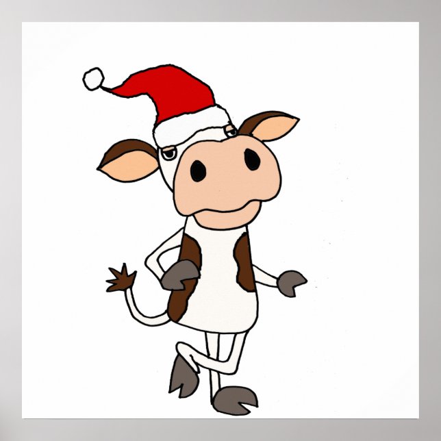 Poster Vache drôle dans Santa Hat Caricature de Noël (Devant)