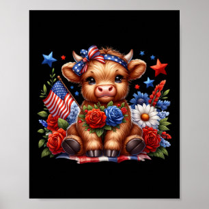 Poster Vache Highland 4 Juillet Floral Usa Vache Patrioti