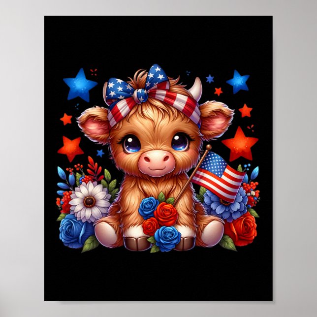 Poster Vache Highland 4 Juillet Floral Usa Vache Patrioti (Devant)