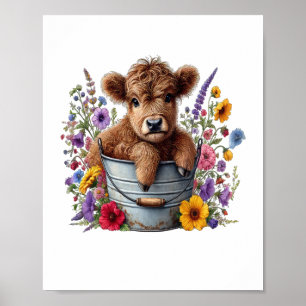 Poster Vache Highland dans le seau à fleurs, mignonne
