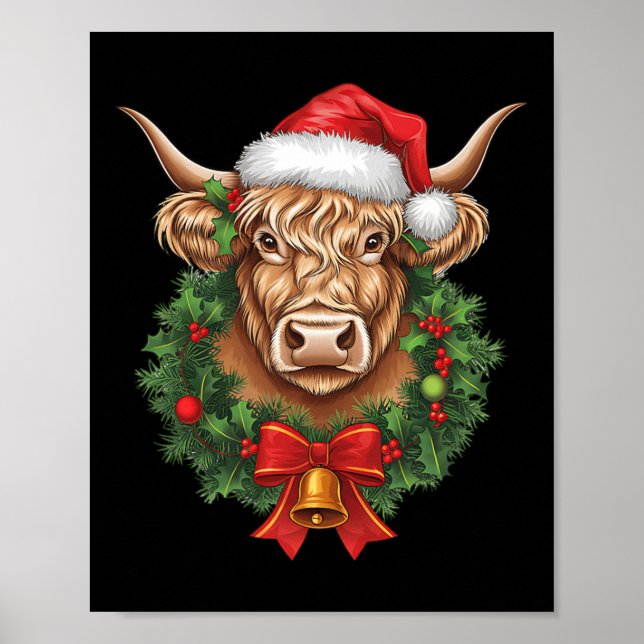 Poster Vache Highland Noël Noël Noël Père Noël Wooly Farm (Devant)