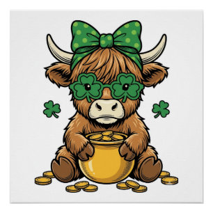Poster Vache Highland St Patrick Pot d'Or Art Vintage_1