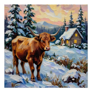 Poster Vache Highland vintage dans une prairie de Noël en