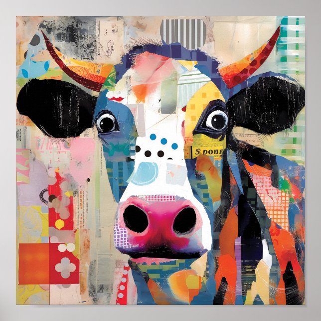 Poster Vache joueuse, un collage artistique et ecclésiast (Devant)