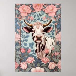 Poster Vache mignonne avec Arrière - plan floral rose