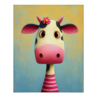 Poster Vache portrait avec fleurs - rayé rose - dessin an