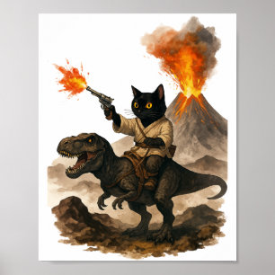Poster Vacher Chat Noir Chevauchant un Dinosaure – Encre 