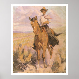 Poster Vachette Cowgirl Cowboy, Femme à cheval par Dunton