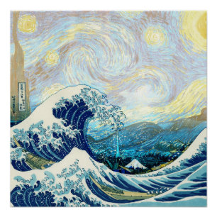 POSTER VAGUE DE KANAGAWA DANS FOND DE NUIT ÉTOILÉE