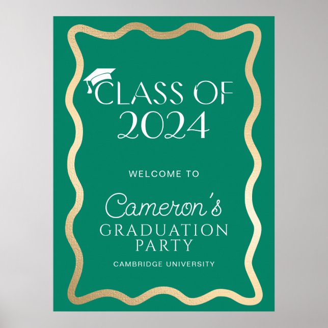 Poster Vague Emerald Green Gold Graduation Party Bienvenu (Devant)