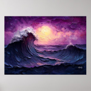 Poster Vague majestueuse du coucher de soleil dans un sty