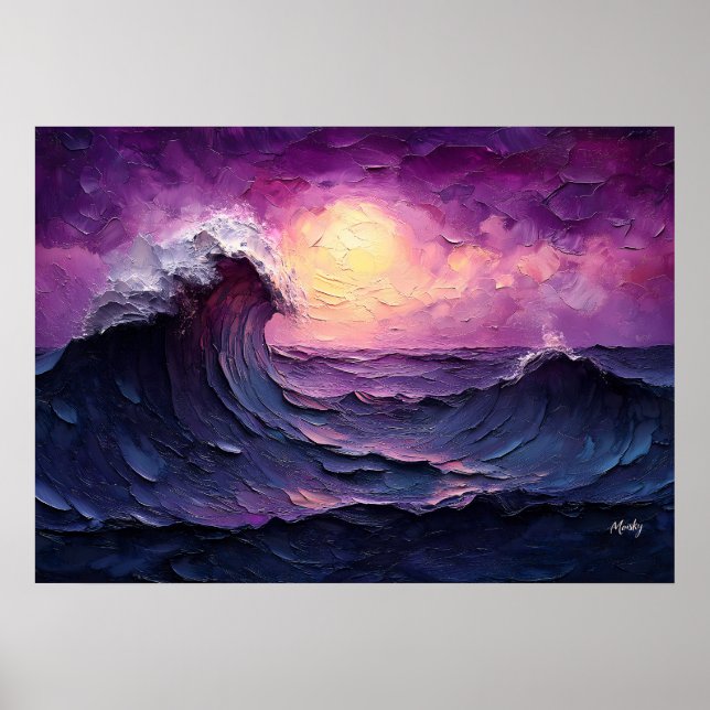 Poster Vague majestueuse du coucher de soleil dans un sty (Devant)