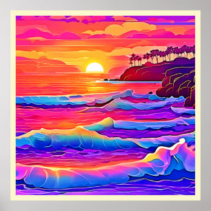 Poster Vagues au coucher du soleil : rêve côtier vif