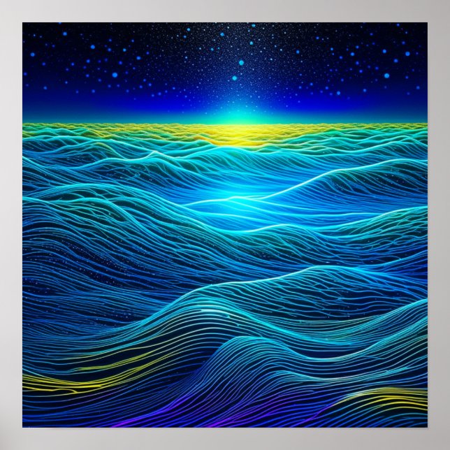 Poster Vagues bleu éthérée et coucher de soleil océanique (Devant)