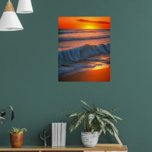 Poster Vagues dans l'océan avec coucher de soleil