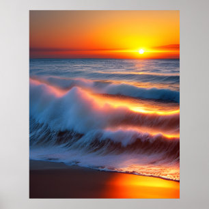 Poster Vagues dans l'océan avec coucher de soleil