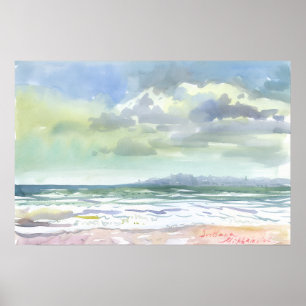Poster Vagues de mer estivales et ciel nuageux aquarelle