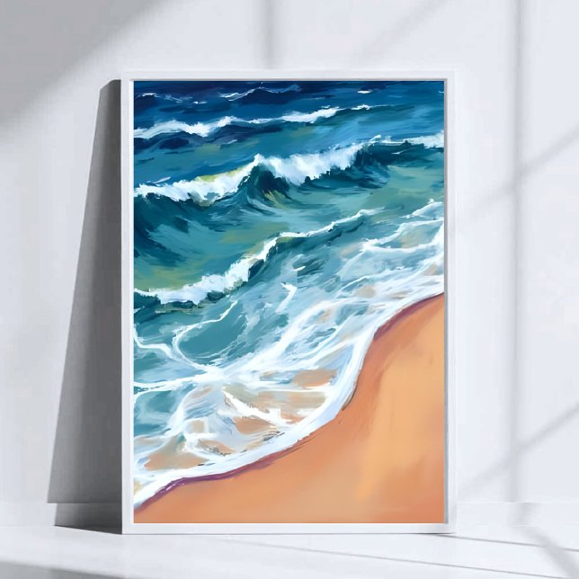 Poster Vagues océaniques bleu aquarelle côtière (Créateur téléchargé)