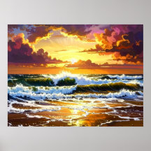 Vagues Océaniques Dramatiques sur la Plage Coucher