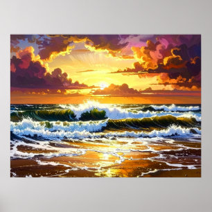 Poster Vagues Océaniques Dramatiques sur la Plage Coucher
