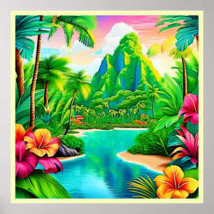 Poster Vagues océaniques et palmiers Art
