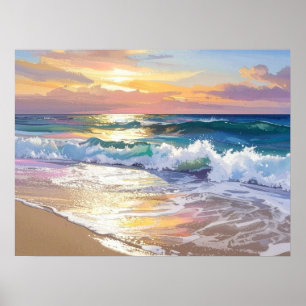 Poster Vagues océaniques sur la plage au soleil Art