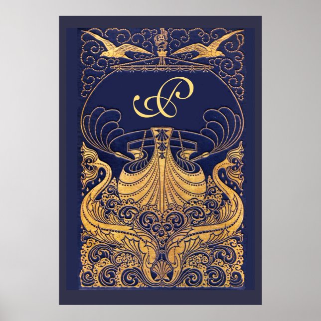 Poster Vaisseau antique, Dauphins, Or, Monogramme bleu ma (Devant)