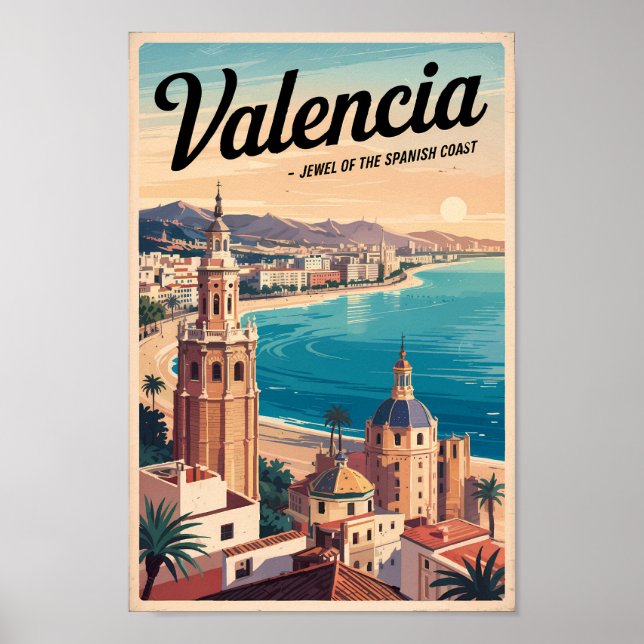 Poster Valence Espagne Côte Illustration Voyage Art Retro (Devant)