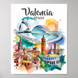 Poster Valencia Espagne Paysage Urbain Aquarelle Voyage S