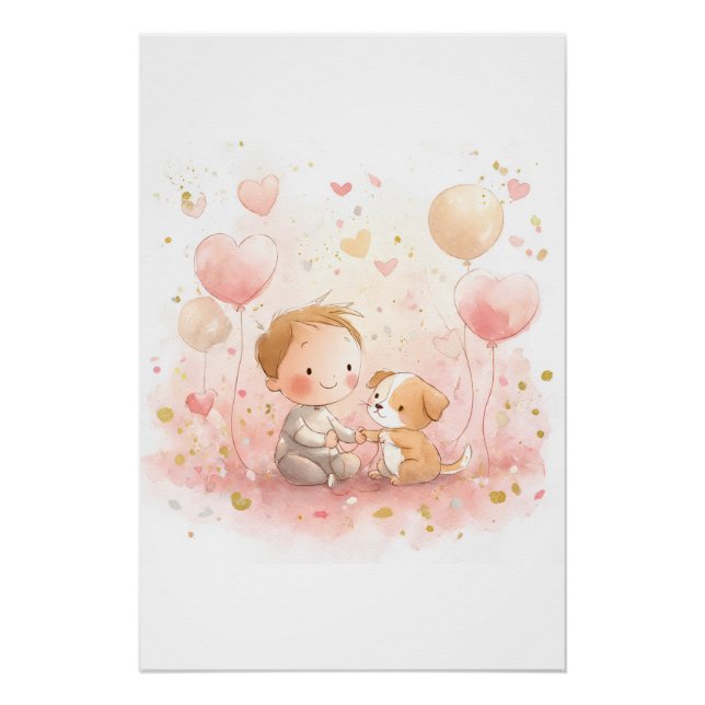 Poster Valentine Baby & Puppy Nursery Art Print (Devant)
