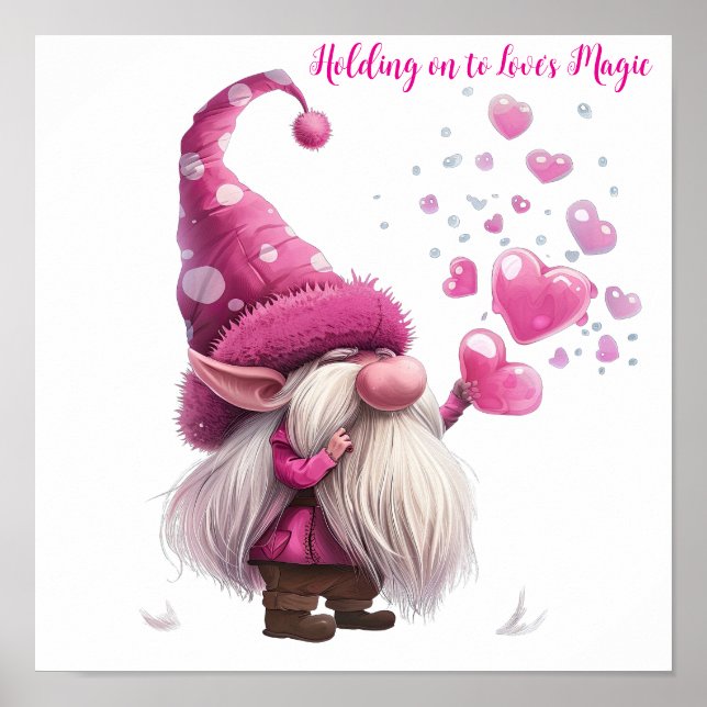 Poster Valentine Gnome avec ballons de coeur rose (Devant)