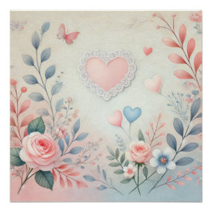 Poster Valentine romantique coeur floral pastel aquarelle