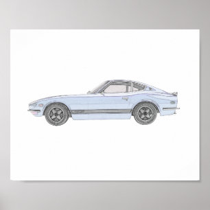 Poster Valeur de dessin de style crayon bleu Datsun 240Z