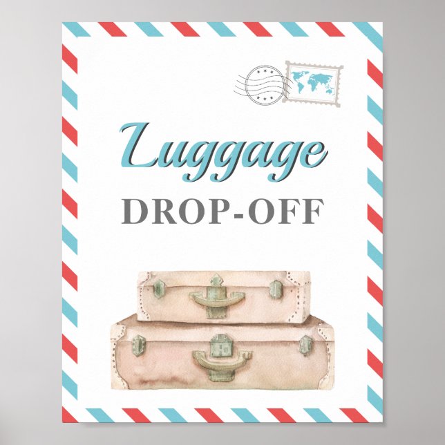 Poster Valise Cadeaux Table Avion Voyage Bleu Rouge (Devant)