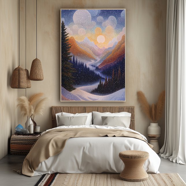 Poster Vallée de montagne hivernale dans le style pointil (Créateur téléchargé)