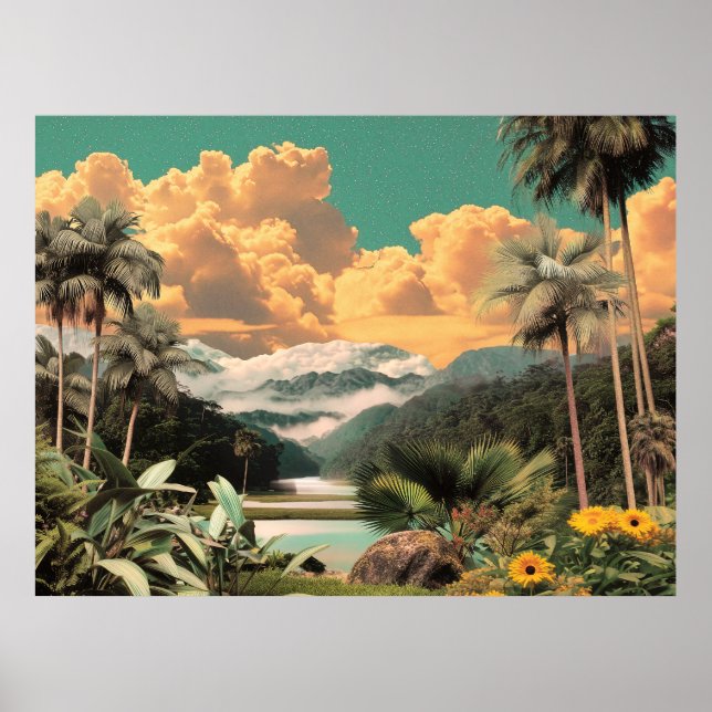 Poster Vallée Tropicale Surréelle Avec Palmiers (Devant)