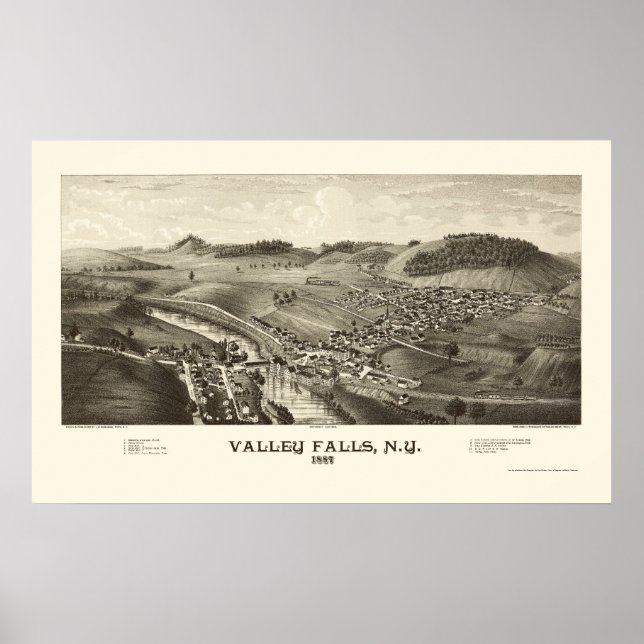 Poster Valley Falls, NY Carte panoramique - 1887 (Devant)