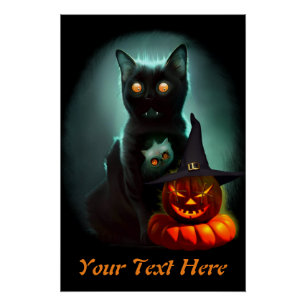 Poster Vampire Chat et Assistant Citrouille Halloween Sur