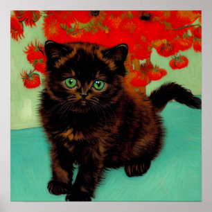 Poster Van Gogh Chat noir Fleurs rouges