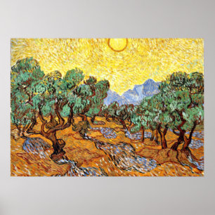 Poster Van Gogh : Olive Trees with Yellow Sky and Sun