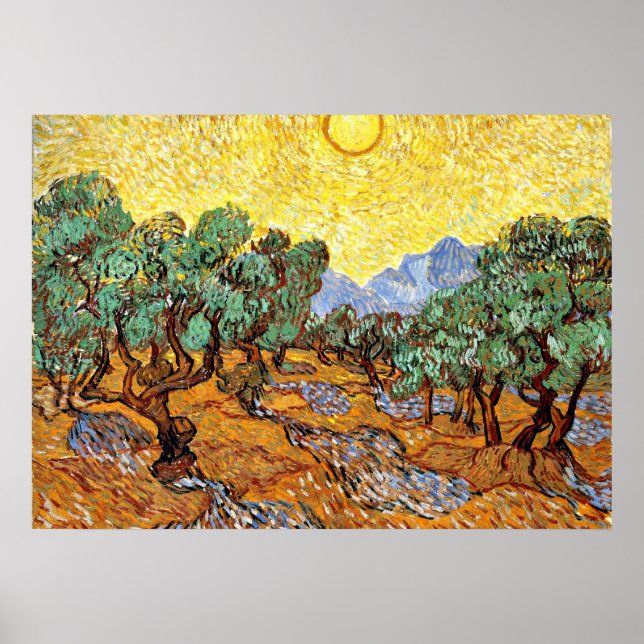Poster Van Gogh : Olive Trees with Yellow Sky and Sun (Devant)