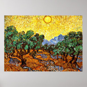 Poster Van Gogh - Oliviers avec ciel jaune et soleil